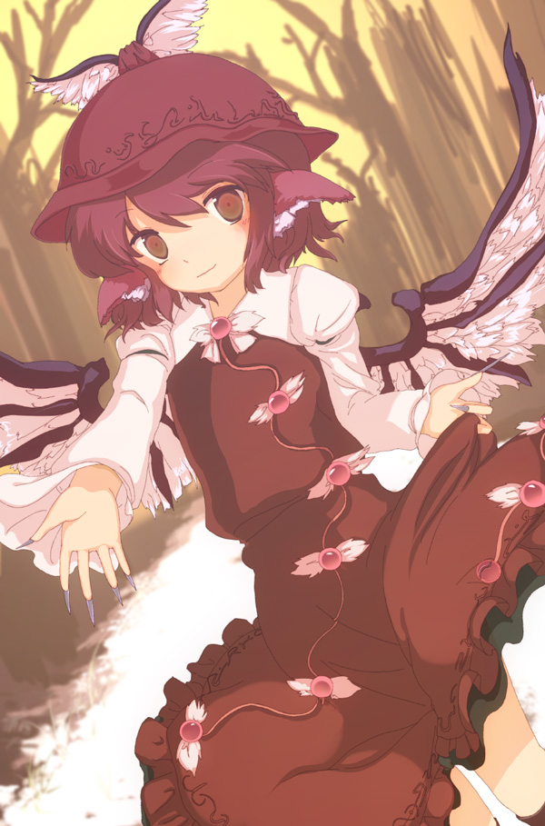 animal_ears claws clothes_grab dress dutch_angle fingernails frilled_dress frills hat kinohanaomise long_fingernails long_sleeves mystia_lorelei outstretched_hand pink_hair smile solo su_(pixiv) touhou wings