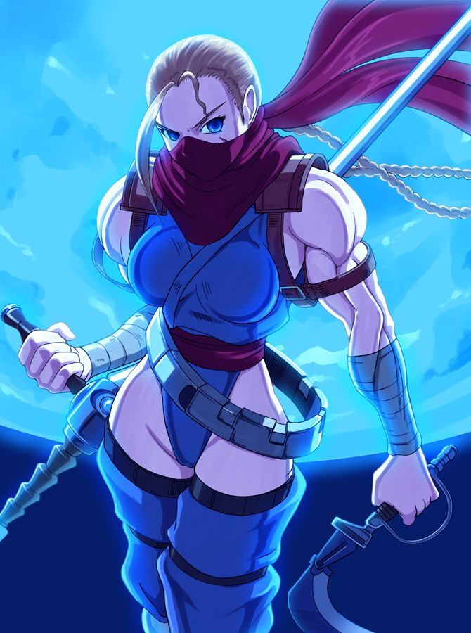 1girl armband belt kusarigama moon night ninja plasma_sword ponytail scarf science_fiction shopyun sickle strider_(video_game) weapon