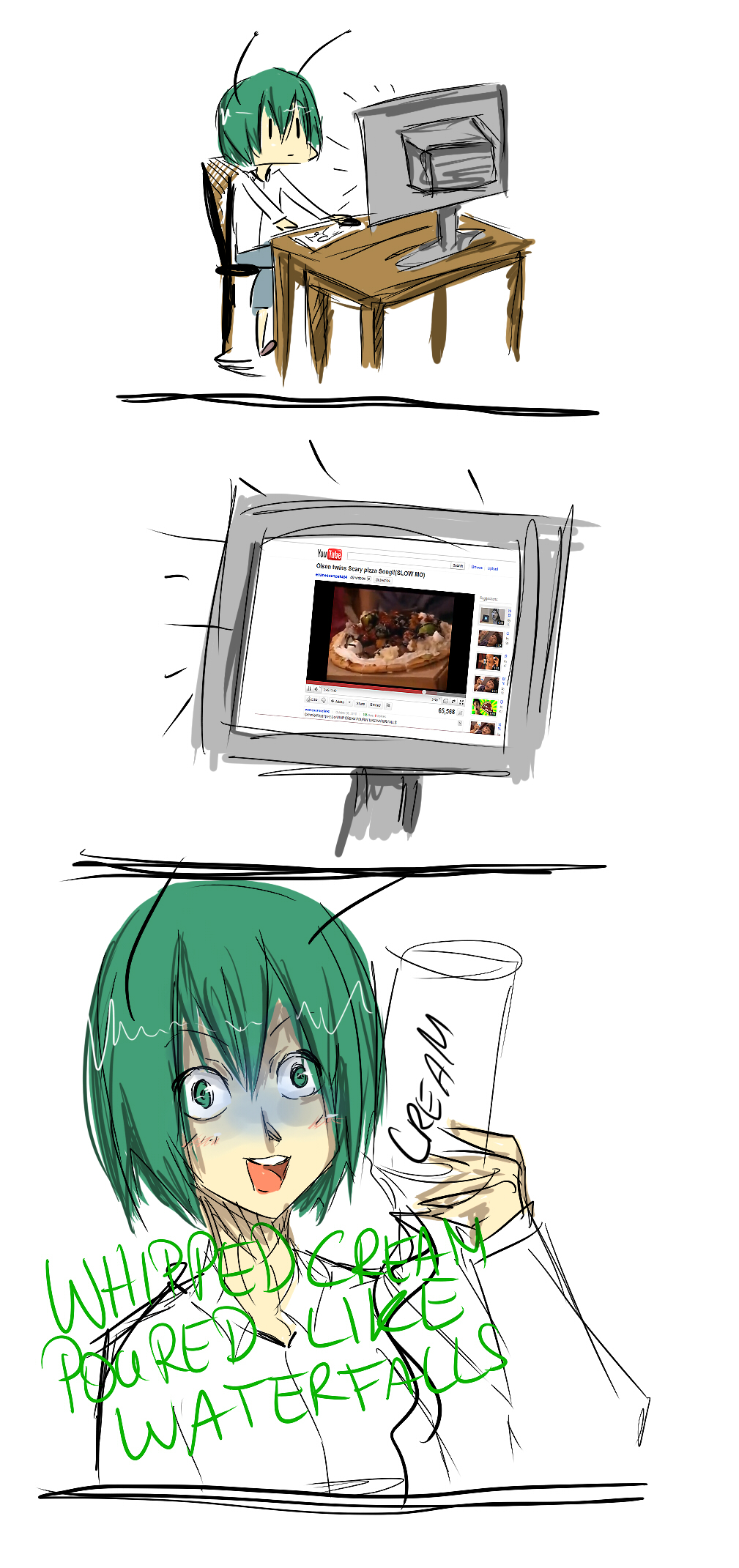 antennae cape computer computer_mouse desk evil_smile green_eyes green_hair highres keyboard nekomizu parody pizza short_hair text whip_cream whipped_cream wriggle_nightbug you_gonna_get_raped youtube |_|