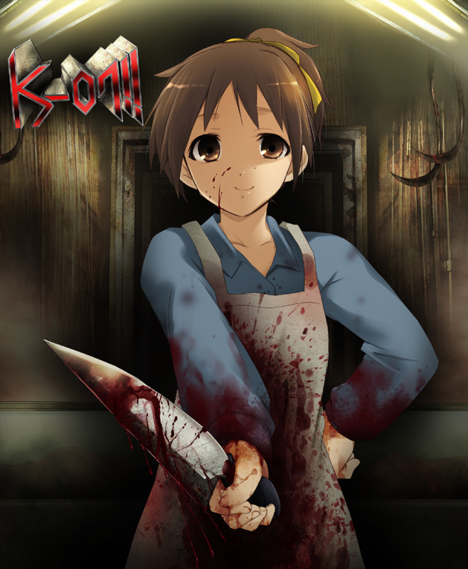 brown_eyes brown_hair hirasawa_ui k-on! kaiga knife short_hair smile yandere