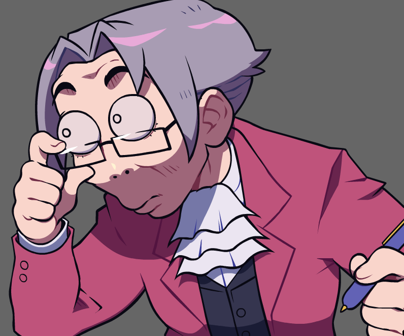 1boy ace_attorney ascot bangs black_vest bulging_eyes english_commentary glasses grey_background grey_hair hair_behind_ear hand_on_eyewear holding holding_pen jacket looking_to_the_side male_focus meme miles_edgeworth parted_bangs pen red_jacket shirt solo speedoru vest white_ascot white_eyes white_shirt