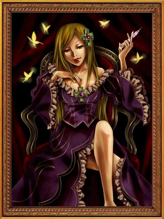 bad_id beatrice beatrice_(cosplay) blonde_hair butterfly cosplay crossed_legs frame higurashi_no_naku_koro_ni painting rouge_(artist) sitting solo syringe takano_miyo umineko_no_naku_koro_ni