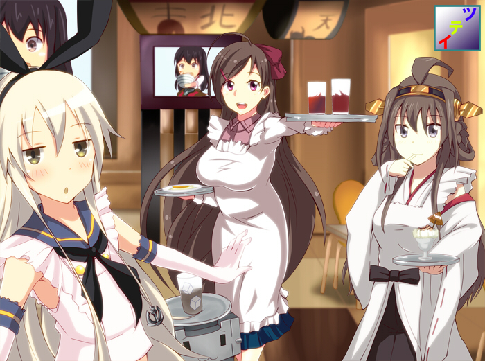 :d akagi_(kantai_collection) blonde_hair blush bow brown_hair clouds detached_sleeves double_bun elbow_gloves gloves green_eyes hair_bow hairband japanese_clothes kantai_collection kongou_(kantai_collection) long_hair long_sleeves looking_at_viewer mamiya_(kantai_collection) multiple_girls open_mouth personification pleated_skirt school_uniform serafuku shimakaze_(kantai_collection) skirt sky smile striped tsuti twintails wide_sleeves