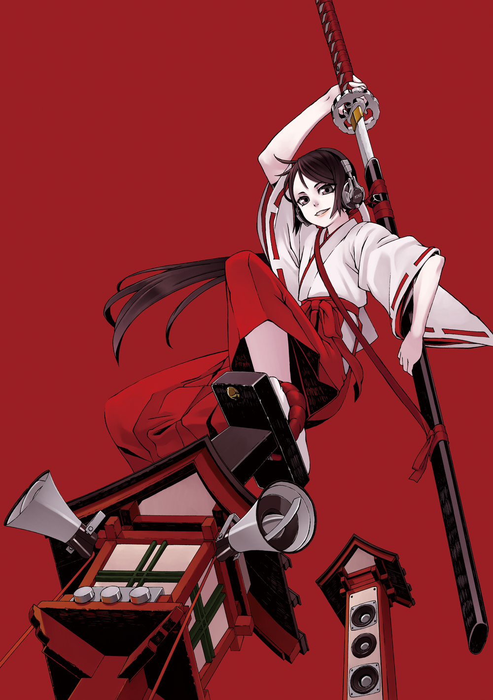 geta hamada_youho headphones highres japanese_clothes katana miko original red_background solo sword tengu-geta weapon