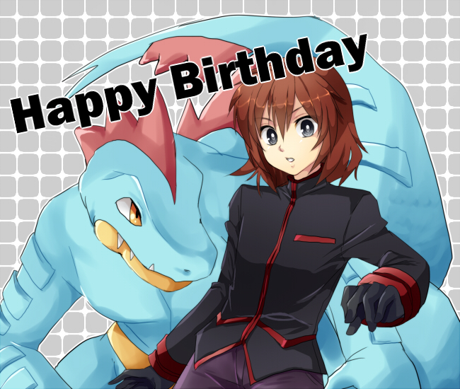 1boy crocodile feraligatr gloves grey_eyes jacket long_hair male mokorei pants pokemon pokemon_(creature) pokemon_heartgold_and_soulsilver pokemon_hgss pokemon_special red_hair redhead silver_(pokemon)