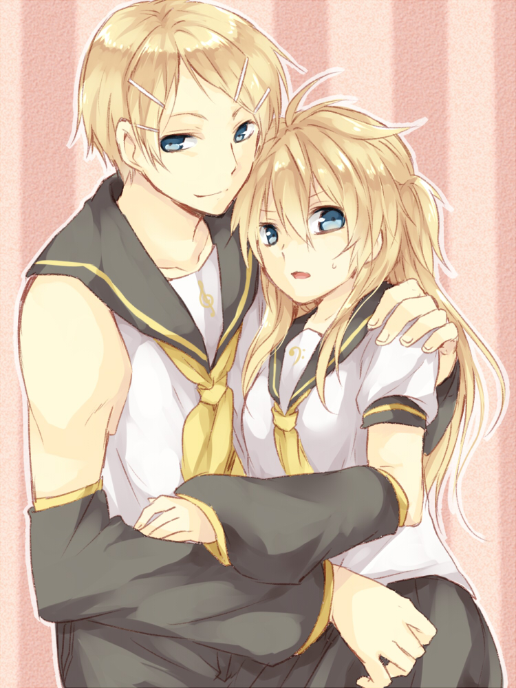 arm_warmers bad_id bare_shoulders blonde_hair brother_and_sister detached_sleeves genderswap hair_ornament hairclip hug kagamine_len kagamine_lenka kagamine_rin kagamine_rinto long_hair maruki_(punchiki) necktie open_mouth punchiki ribbon short_hair siblings smile sweatdrop twins vocaloid