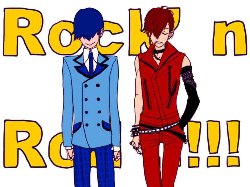 bad_id blue genderswap hair_over_one_eye jpeg_artifacts kaito male md5_mismatch meiko meito multiple_boys nashi48 punk red vocaloid