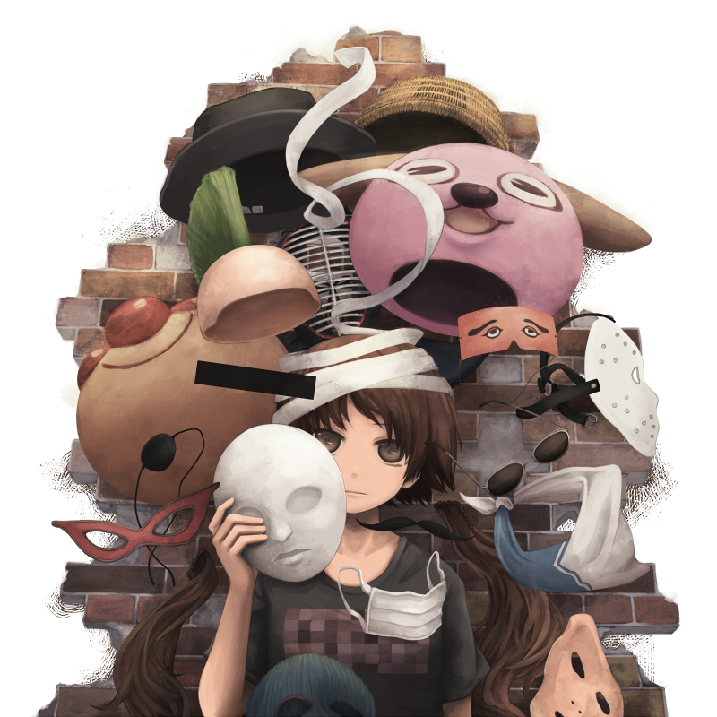 anpanman_(character) bandage bandages brick_wall brown_eyes brown_hair bust cutting_hair facial_hair hat hecatoncheir mask mustache original short_hair solo t-shirt twintails yajirushi_(chanoma)