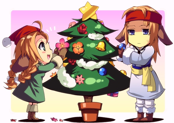 1girl ahoge animal_ears bell blue_eyes blush boots braid brother_and_sister brown_hair christmas christmas_tree dress enoo flower frown gloves green_dress green_eyes happy hat headband long_hair mariel_(wild_arms) open_mouth red_rose rose siblings star sweat twintails vasim wild_arms wild_arms_1 wild_arms_alter_code_f