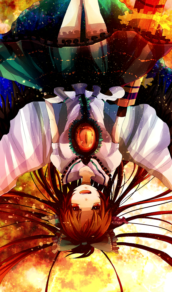 arm_cannon bow brown_eyes brown_hair cape hair_bow hiyualice long_hair open_mouth red_eyes reiuji_utsuho skirt solo touhou upside-down upside_down wings