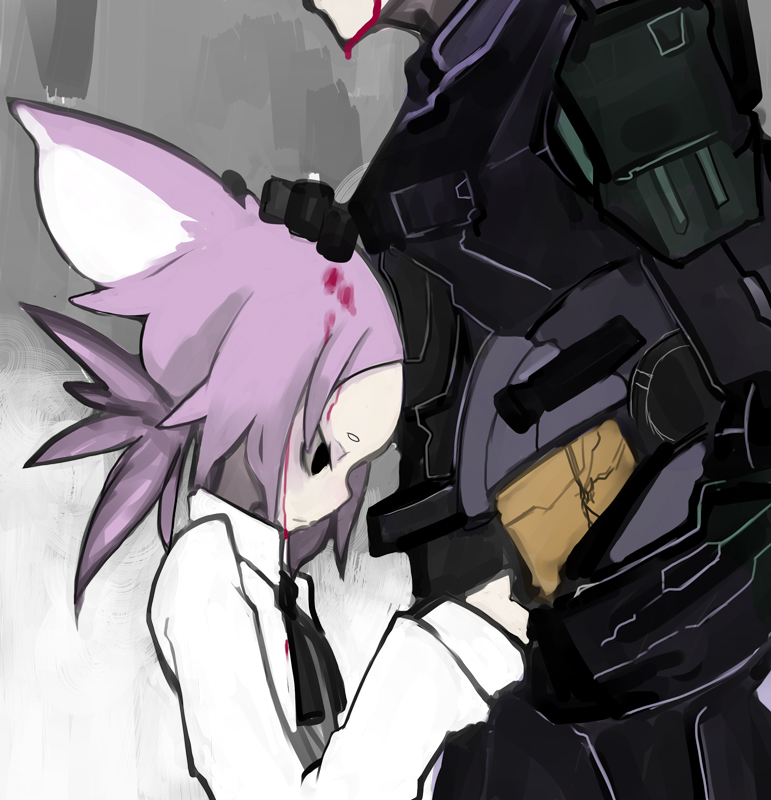 armor blood camera cat_ears catysummer crack dripping forehead halo:_reach halo_(game) height_difference helmet hug male pale_skin petite petting ponytail pout power_suit purple_hair ribbon sad shirt size_difference spartan spartan-b312 tsundere