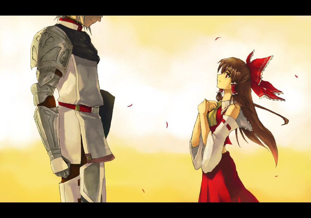 ascot bow brown_hair buront crossover detached_sleeves elf elvaan fate/stay_night fate_(series) final_fantasy final_fantasy_xi hair_bow hakurei_reimu height_difference letterboxed long_hair looking_up miko parody pointy_ears shield short_hair silver_hair sisamo size_difference the_iron_of_yin_and_yang touhou