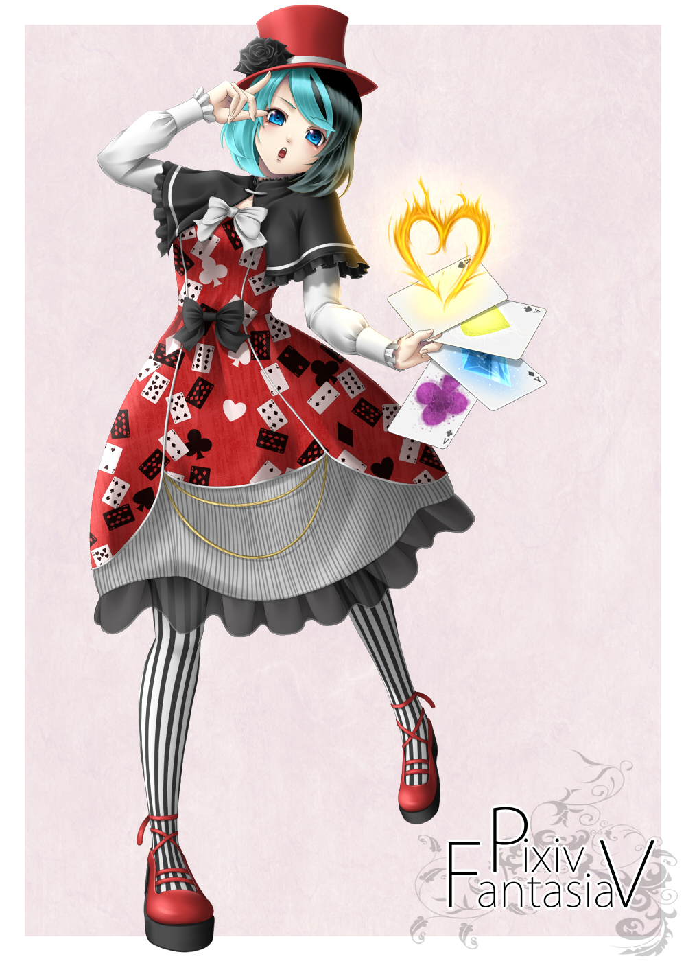 black_hair black_rose black_rose_(flower) blue_eyes card cards clubs diamond dress fire flame flower hat heart highres holding holding_card mary_janes mochi.f multicolored_hair original pantyhose pixiv_fantasia pixiv_fantasia_5 playing_card playing_card_theme playing_cards rose shoes spade striped striped_pantyhose top_hat two-tone_hair vertical-striped_legwear vertical_stripes