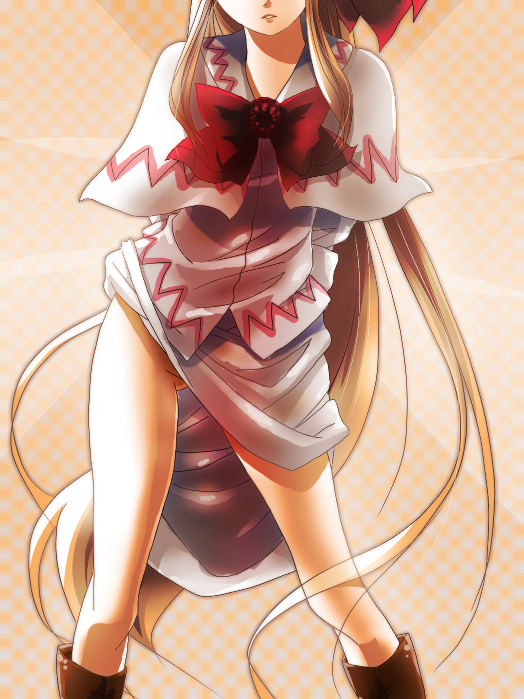 arms_behind_back bad_id bad_leg blonde_hair boots capelet head_out_of_frame highres ikkei_dou lily_white long_hair long_legs no_panties skirt skirt_lift solo touhou very_long_hair