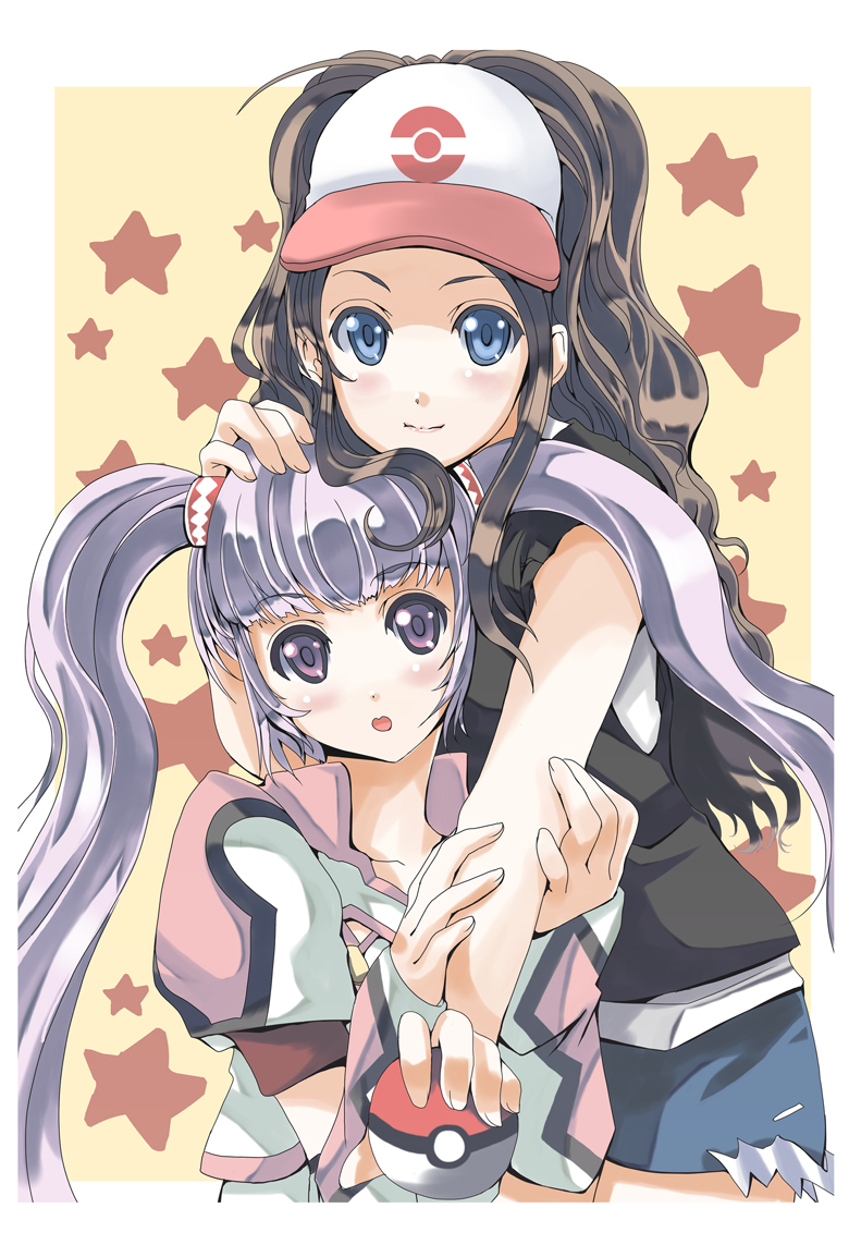 baseball_cap blue_eyes bolero brown_hair cropped_jacket crossover denim denim_shorts detached_sleeves hat holding holding_poke_ball poke_ball pokemon pokemon_(game) pokemon_black_and_white pokemon_bw ponytail purple_eyes purple_hair shorts sophie_(tales_of_graces) tales_of_(series) tales_of_graces touko_(pokemon) twintails vest violet_eyes