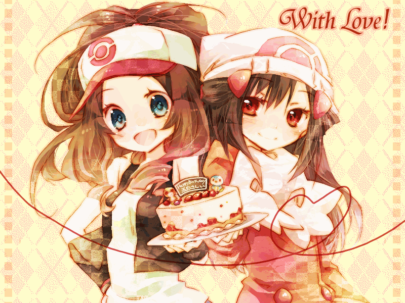 bad_id baseball_cap black_hair blue_eyes brown_hair cake food hair_ornament hairclip hat hikari_(pokemon) hikari_(pokemon)_(remake) pokemon pokemon_(game) pokemon_black_and_white pokemon_bw ponytail red_eyes scarf touko_(pokemon) vest