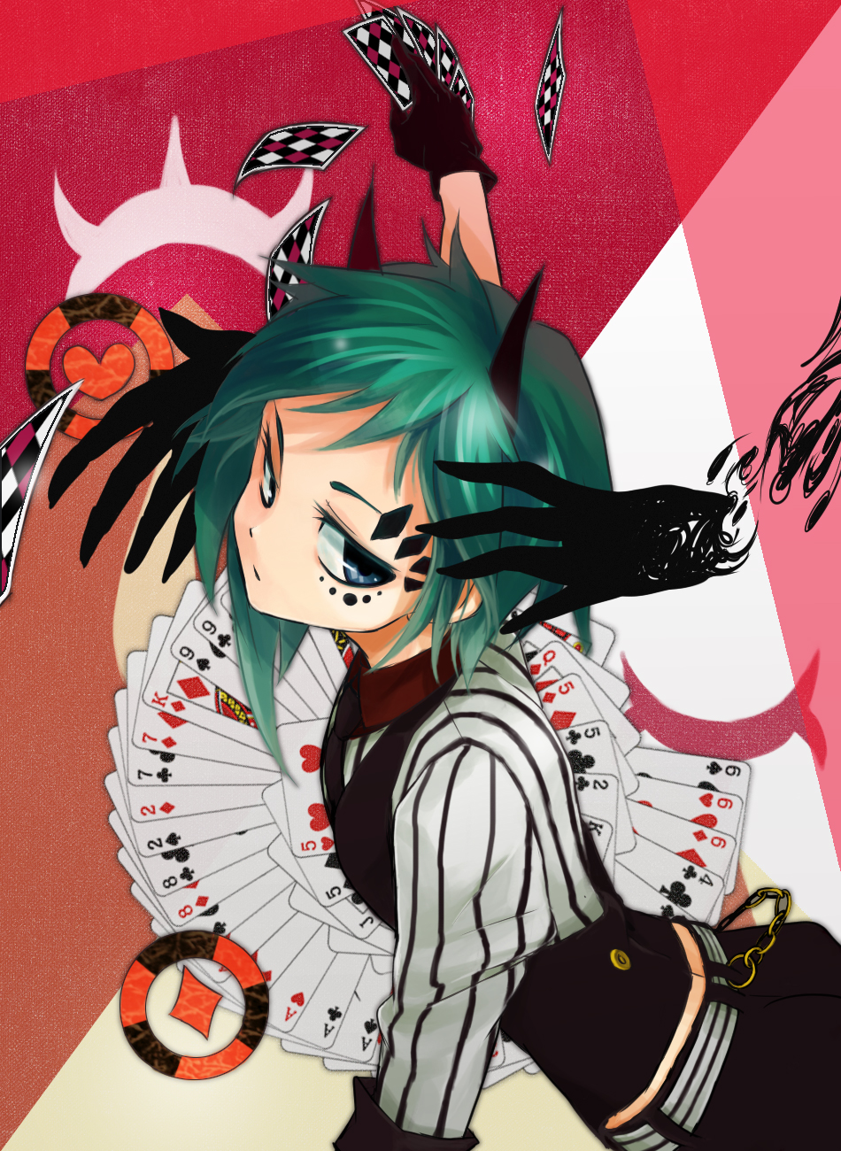 1girl card card_background cards chain disembodied_limb face_paint facepaint facial_mark falling_card formal gloves green_eyes green_hair gumi highres holding holding_card horns necktie pinstripe_shirt playing_card playing_cards poker_face_(vocaloid) short_hair solo suit vest vocaloid
