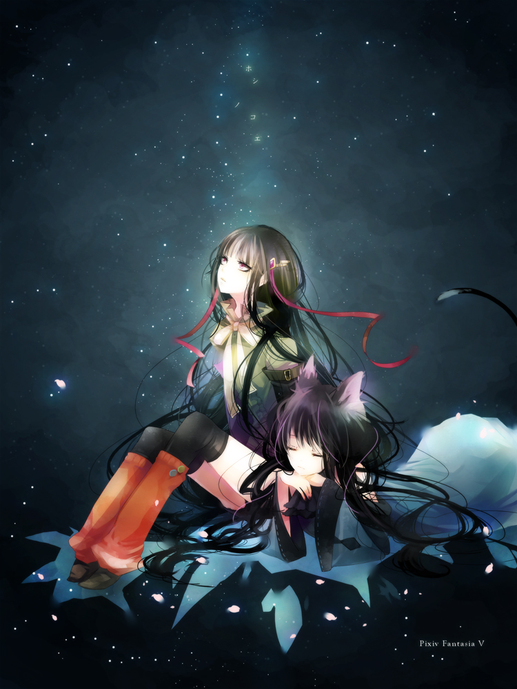 animal_ears black_hair cat_ears closed_eyes eyes_closed long_hair looking_up lying multiple_girls on_stomach pixiv_fantasia pixiv_fantasia_5 red_eyes ribbon sitting star_(sky) yu-kichi yuukichi