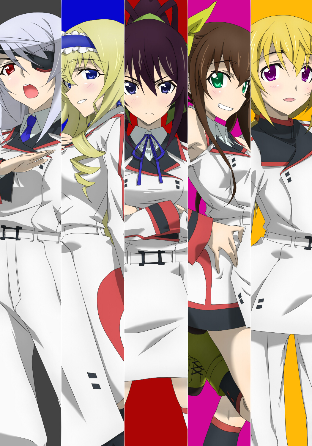 blue_eyes blush brown_hair cecilia_alcott charlotte_dunois column_lineup eyepatch fang_lin_yin green_eyes grey_hair highres huang_lingyin infinite_stratos laura_bodewig long_hair multiple_girls purple_eyes purple_hair red_eyes reverse_trap school_uniform shinonono_houki thighhighs violet_eyes