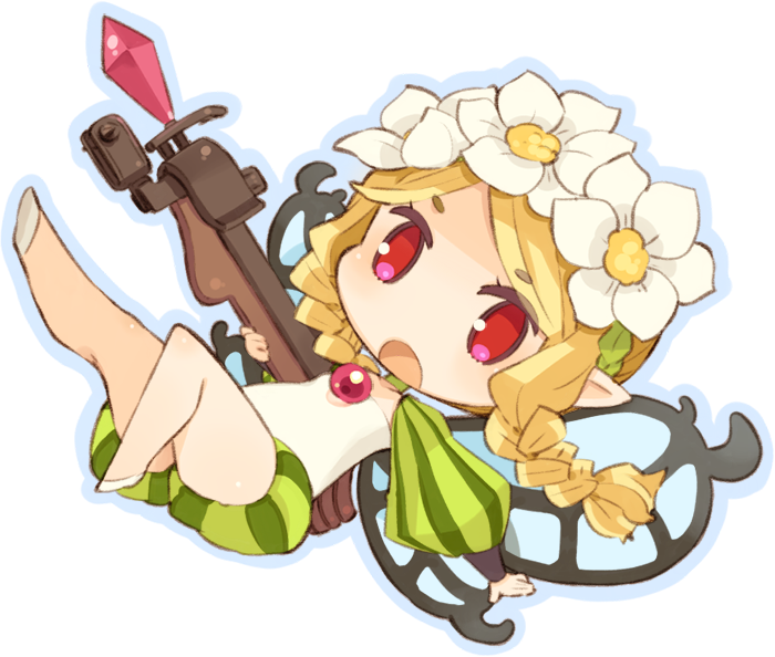 blonde blonde_hair bow_(weapon) braid chibi crossbow fairy flower hair_flower hair_ornament mercedes mota odin_sphere open_mouth pointed_ears pointy_ears red_eyes solo transparent_background twin_braids weapon wings