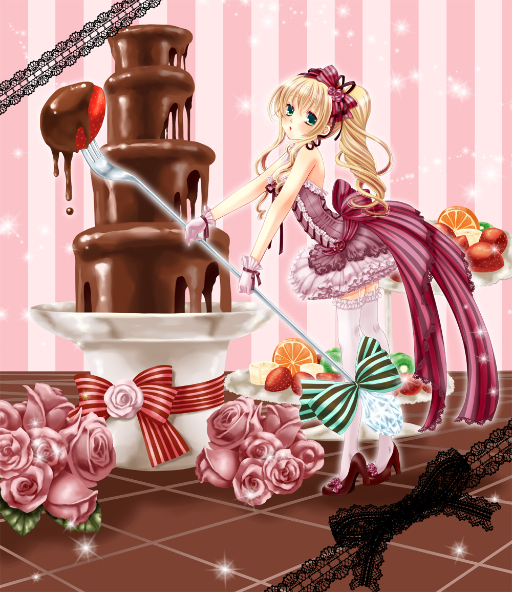 blonde_hair cake chocolate dress floor flower food fork frilled_dress frills fruit garter_straps gloves green_eyes hair_ribbon high_heels long_hair minigirl orange original pink_rose ponytail ribbon rose sarasa-sasa shoes solo standing strawberry thigh-highs thighhighs white_legwear white_thighhighs