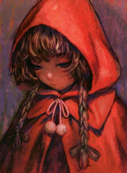 brown_hair bust cloak grimm's_fairy_tales hood little_red_riding_hood little_red_riding_hood_(grimm) looking_down murata_renji portrait red sad solo twin_braids twintails