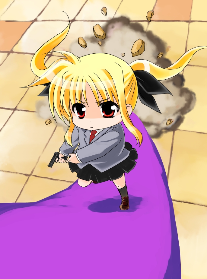 1girl :&lt; blonde_hair chibi fate_testarossa gun hair_ribbon kill_me_baby kohakura long_sleeves lyrical_nanoha mahou_shoujo_lyrical_nanoha necktie red_eyes ribbon school_uniform shoes skirt socks solo sonya_(kill_me_baby) sonya_(kill_me_baby)_(cosplay) twintails weapon