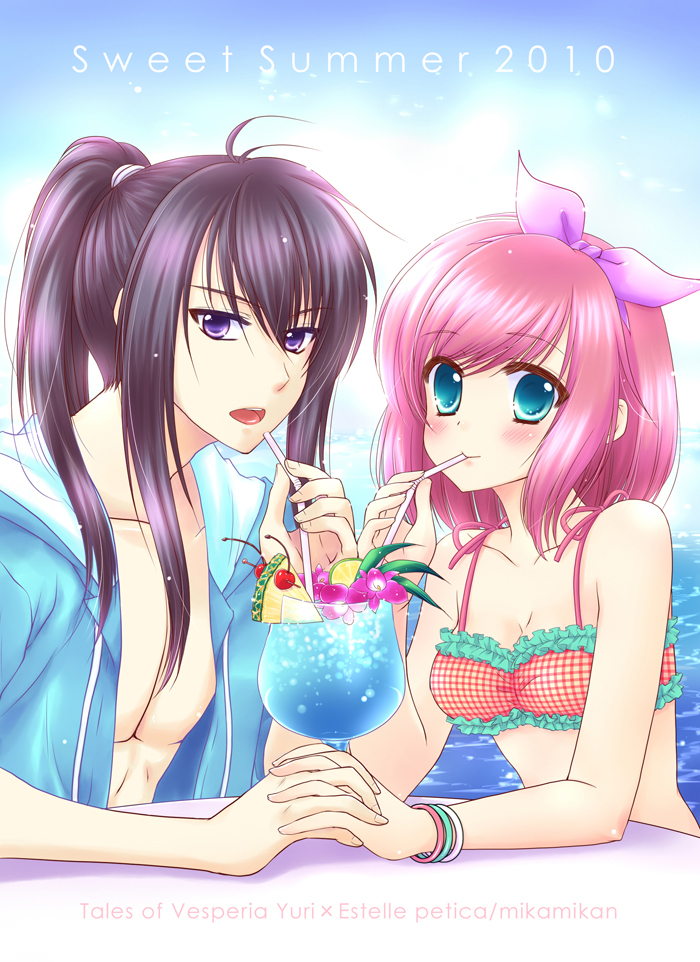 1girl bad_id bikini black_hair blush bracelet drink estellise_sidos_heurassein green_eyes hand_holding holding_hands jewelry long_hair mika_mikan open_mouth pink_hair ponytail purple_eyes ribbon short_hair straw swimsuit tales_of_(series) tales_of_vesperia violet_eyes yuri_lowell