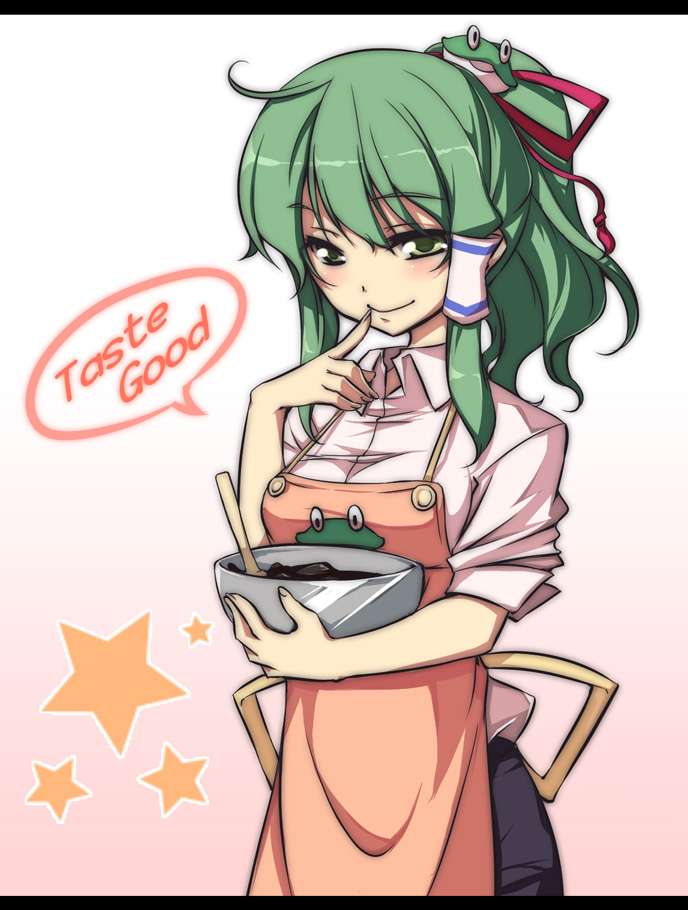 alternate_hairstyle apron engrish finger_to_mouth frog green_hair hair_ornament hirase_yuu kochiya_sanae ponytail ranguage short_hair smirk solo star touhou