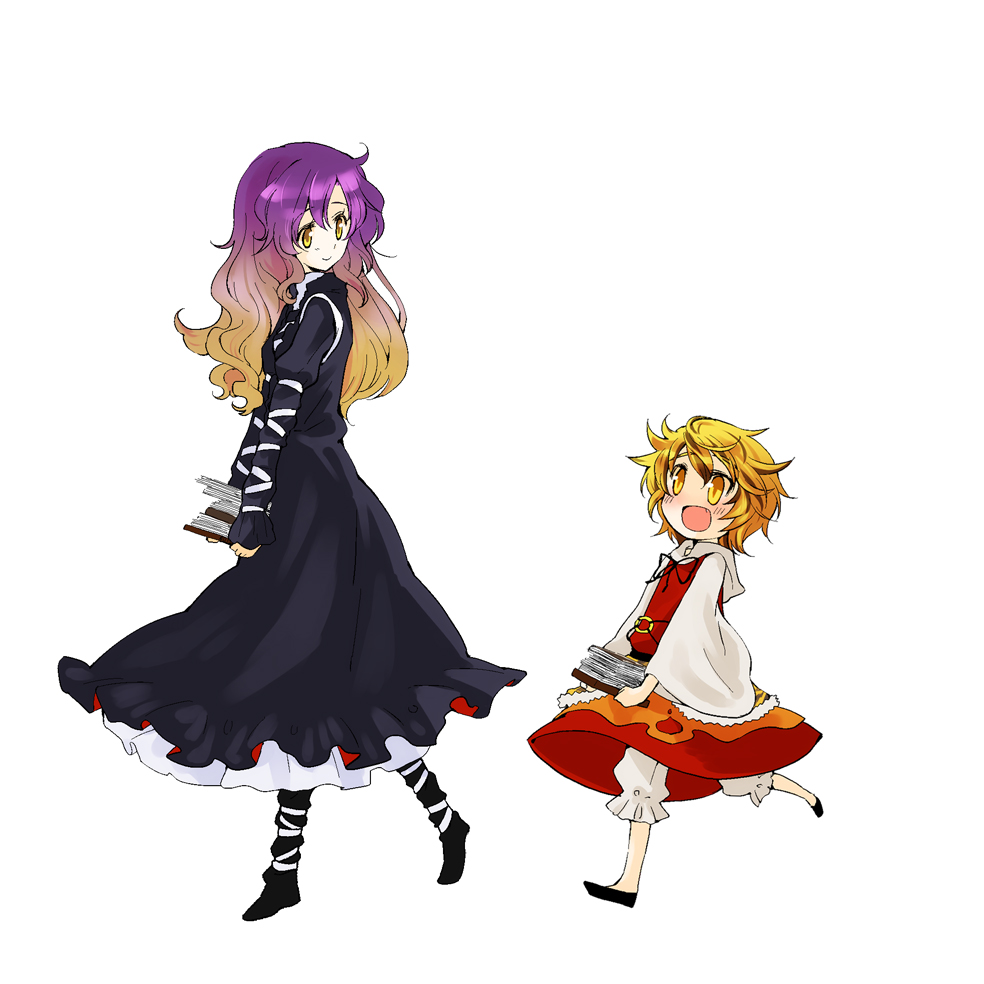 blonde_hair book child dress gradient_hair hijiri_byakuren long_hair multicolored_hair multiple_girls myama purple_hair running short_hair toramaru_shou touhou two-tone_hair yellow_eyes young