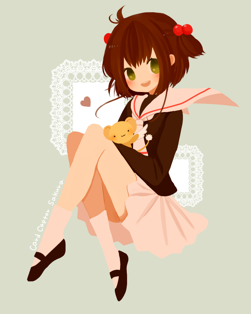 brown_hair card_captor_sakura cardcaptor_sakura child green_eyes hair_bobbles hair_ornament kero kinomoto_sakura no_lineart ruchiru school_uniform serafuku short_hair twintails