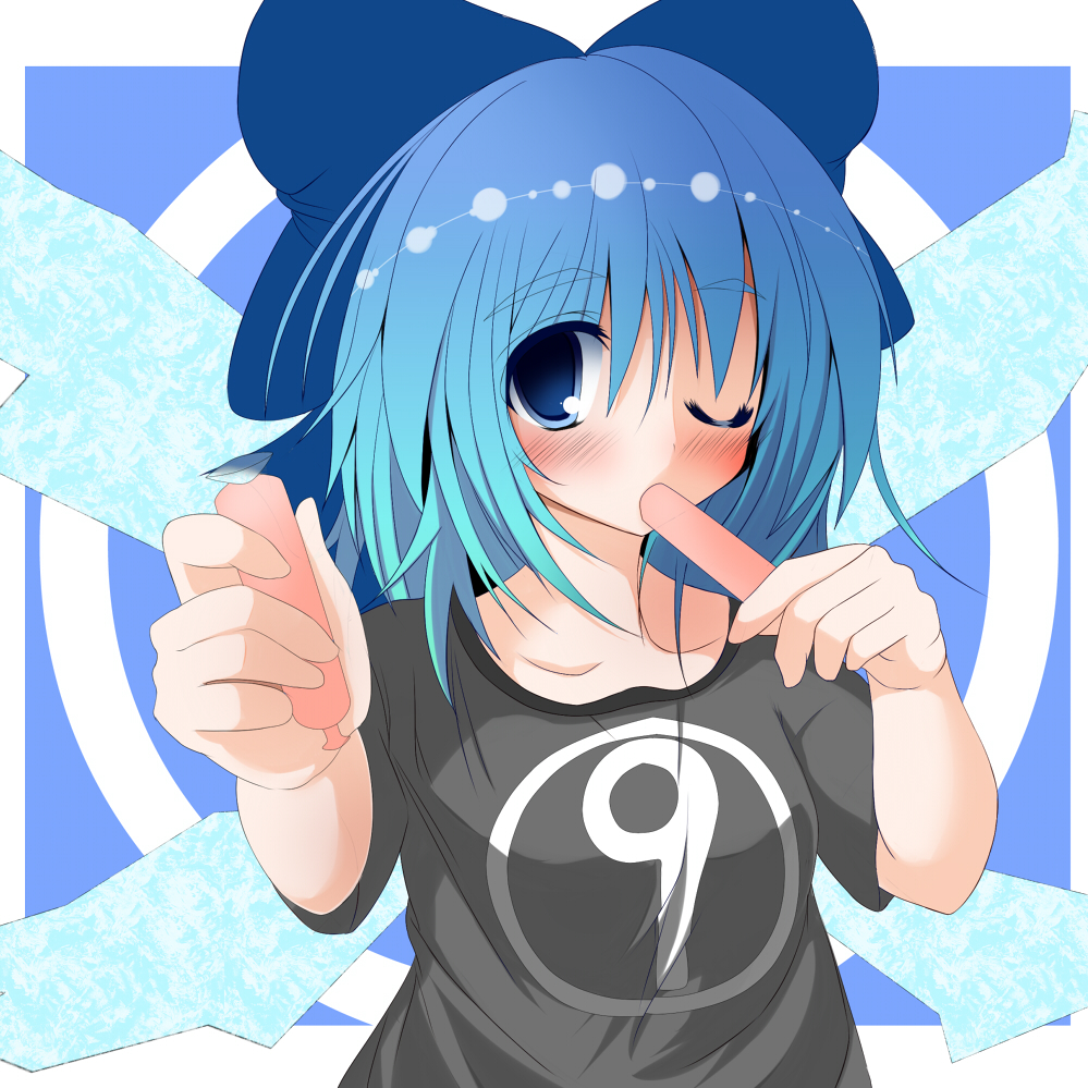 ? alternate_costume atuuy blue_eyes blue_hair blush bow bust cirno hair_bow offering popsicle short_hair solo sukage t-shirt touhou wings wink Ã¢â€˜Â¨ â‘¨