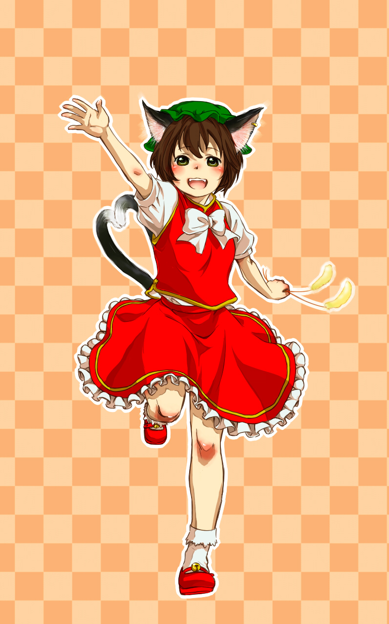 animal_ears bell blush brown_hair cat_ears cat_tail chen cohal earrings hat heart heart_tail highres jewelry multiple_tails short_hair solo tail touhou waving