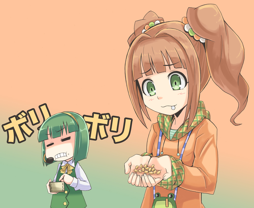 bag beans brown_hair dan_(orange_train) green_eyes hoodie idolmaster long_hair masu otonashi_kotori purse saliva setsubun takatsuki_yayoi tears twintails