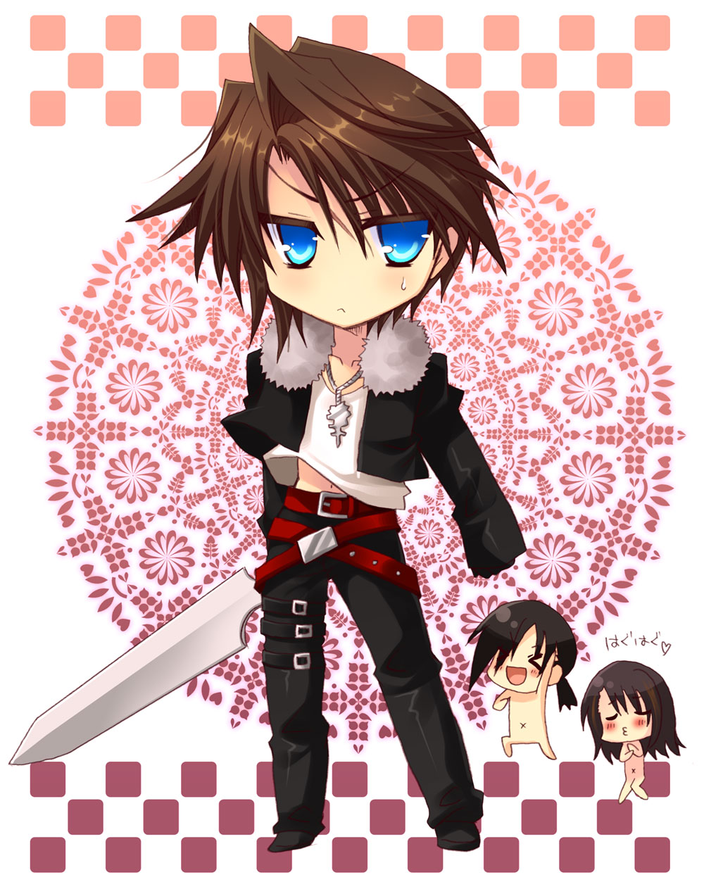 age_difference blue_eyes blush brown_hair chibi closed_eyes eyes_closed father_and_son final_fantasy final_fantasy_viii fur_trim gunblade highres izumi_makoto jacket jewelry laguna_loire multiple_belts necklace nude ponytail rinoa_heartilly scar spoilers squall_leonhart sword weapon