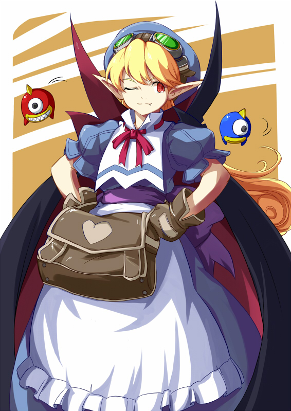 apron bag blonde_hair blue_dress bow cloak curly_hair dress fang gloves goggles goggles_on_head hands_on_hips hat heart long_hair marivel_armitage no~ma pointy_ears red_eyes ribbon robot robots simple_background smile solo vampire wild_arms wild_arms_2 wink