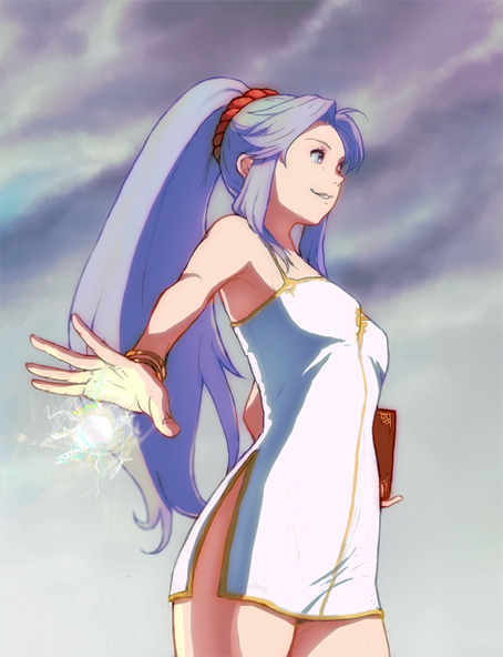 book bracelet cloud dress fire_emblem fire_emblem:_seisen_no_keifu flat_chest from_below hands jewelry long_hair magic moggy_moggy no_panties outdoors outstretched_arm ponytail purple_hair scrunchie short_dress side_slit sky smile solo standing tiltyu tiltyu_(fire_emblem) very_long_hair