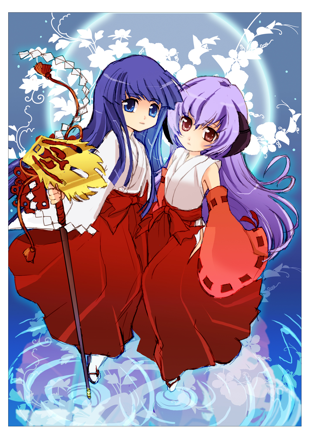 bad_id blue_eyes blue_hair detached_sleeves furude_rika hanyuu highres higurashi_no_naku_koro_ni hoe horns ichi_(ringogogo777) japanese_clothes long_hair miko multiple_girls purple_hair red_eyes worktool