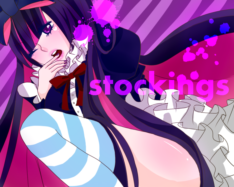 finger_in_mouth kanako424kk open_mouth panty_&amp;_stocking_with_garterbelt stocking_(character) stocking_(psg) striped striped_legwear striped_thighhighs thigh-highs thighhighs wink