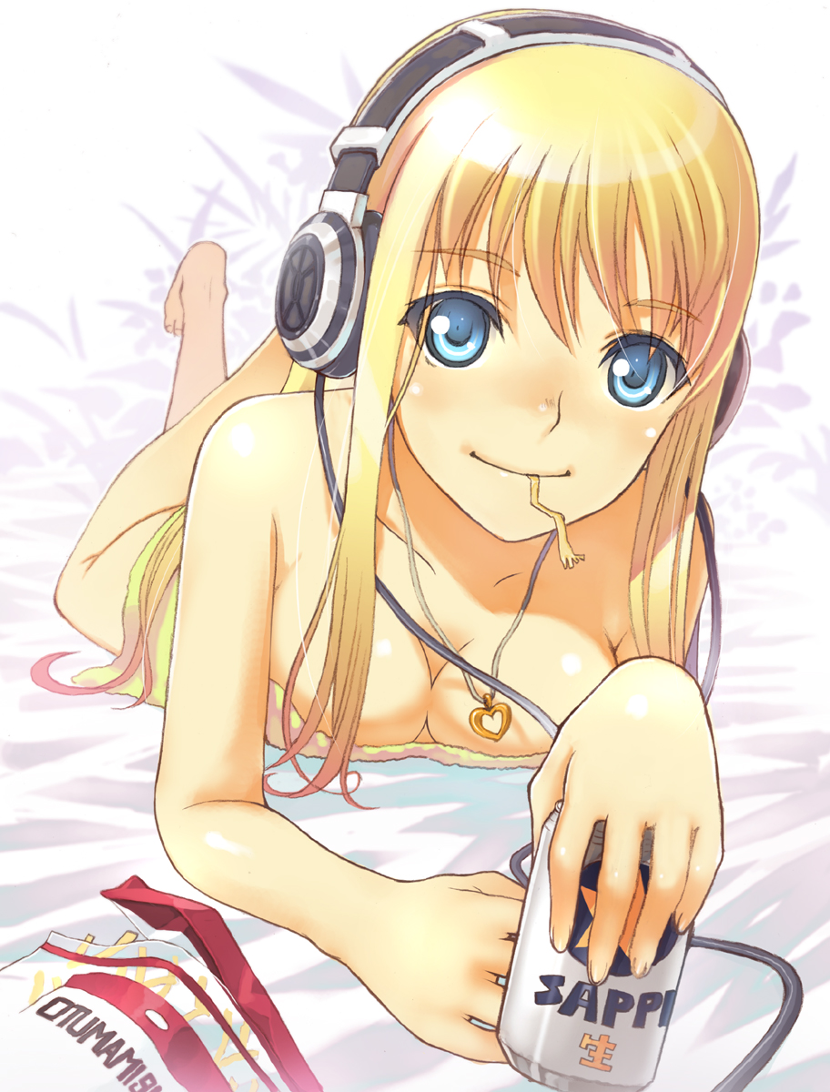 beer blonde_hair blue_eyes can drink face food foreshortening hands headphones highres hirokiku jewelry lying necklace on_stomach original solo