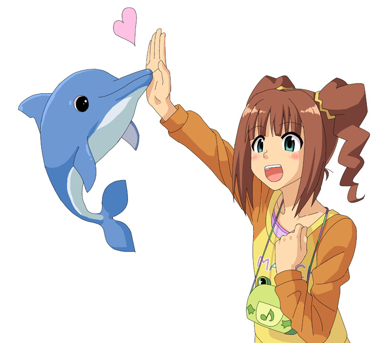 bag blonde_hair blush brown_hair dolphin green_eyes hair_ornament heart high_five idolmaster kairu_the_dolphin microsoft office_assistant open_mouth refine simple_background takatsuki_yayoi touching twintails