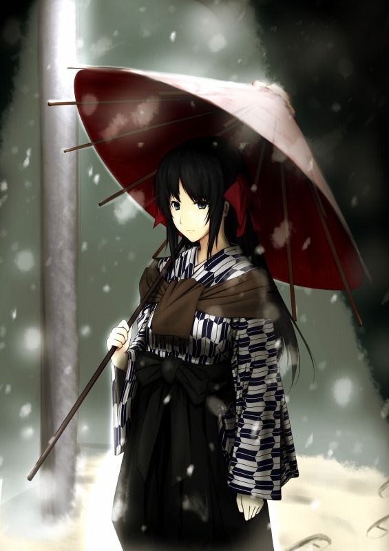 black_hair cartagra erise hair_ribbon innocent_grey japanese_clothes kimono kouzuki_kazuna long_hair oriental_umbrella ribbon snow solo umbrella yagasuri