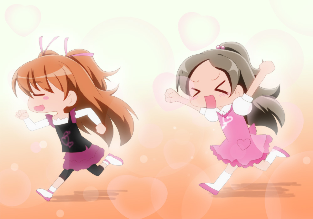 annoyed blush brown_hair chasing chibi dress hair_ribbon heart houjou_hibiki long_hair minamino_kanade open_mouth orange_hair ponytail precure ribbon running shishinon skirt suite_precure twintails two_side_up