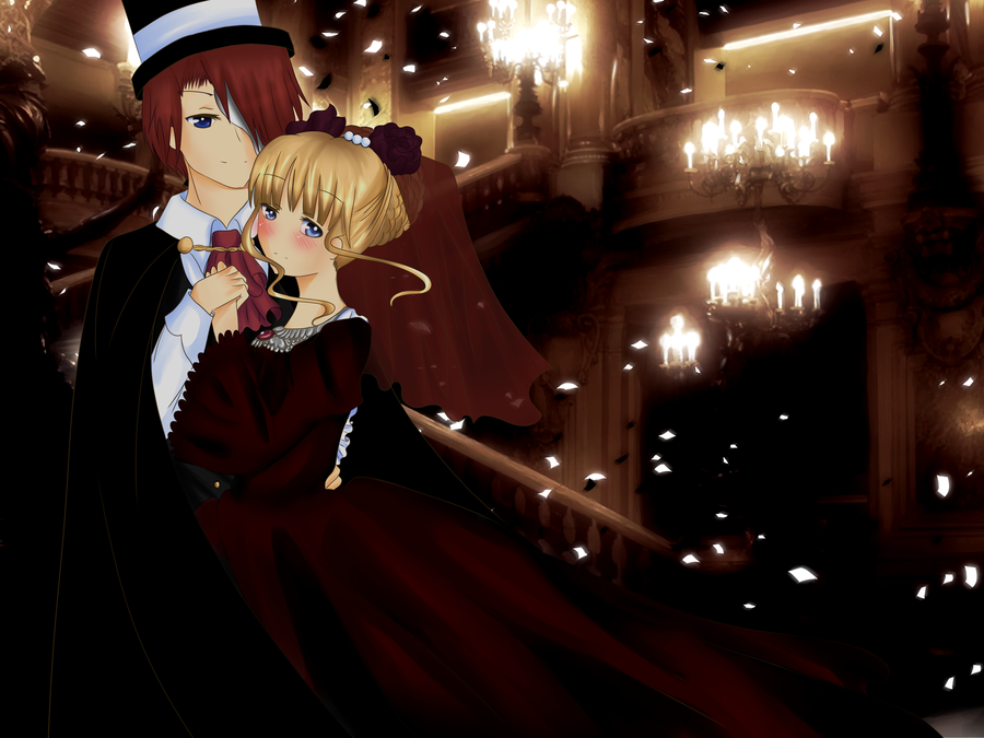 black_rose black_rose_(flower) blonde_hair blue_eyes blush cape flower formal hair_flower hair_ornament hat jewelry necktie phantom_of_the_opera red_hair redhead rose suit umineko_no_naku_koro_ni ushiromiya_battler werq1996