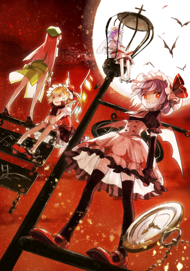bat_wings blonde_hair book clea crescent dutch_angle flandre_scarlet full_moon hat hong_meiling lamppost long_hair mary_janes moon multiple_girls night patchouli_knowledge pocket_watch purple_hair red_eyes red_hair red_sky redhead remilia_scarlet shoes short_hair side_ponytail sky thighhighs touhou watch wings zettai_ryouiki