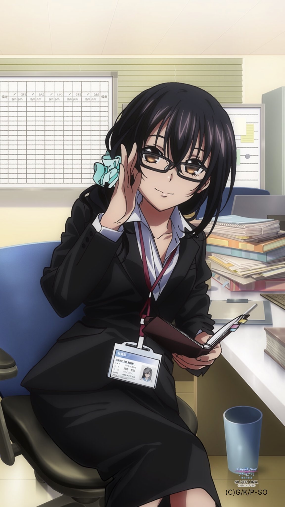 adjusting_eyewear artist_request bespectacled black_hair black_skirt blinds book book_stack brown_eyes chair clipboard crossed_legs desk formal glasses highres himeragi_yukina holding holding_book indoors name_tag office office_chair office_lady official_art paper pencil_skirt scrunchie short_hair sitting skirt strike_the_blood suit trash_can