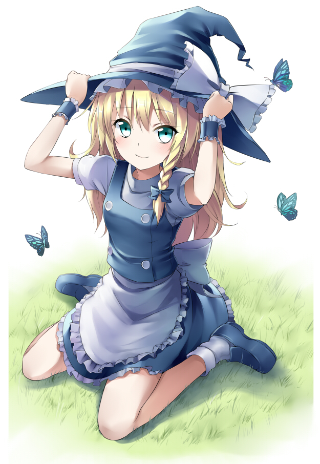 apron blonde_hair bon bow braid butterfly grass green_eyes hand_on_hat hat kirisame_marisa long_hair looking_at_viewer mary_janes shoes sitting smile solo touhou waist_apron wariza witch_hat yellow_eyes