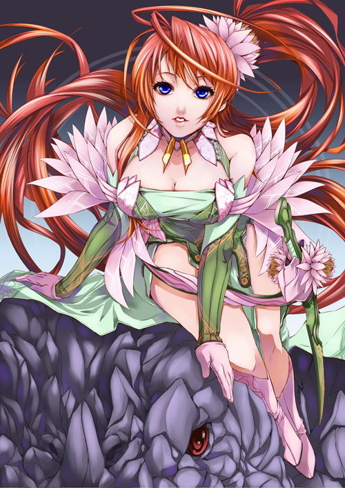 blue_eyes breasts cleavage copyright_request detached_sleeves flower gloves hair_flower hair_ornament long_hair paolo_antonio_aguasin ponytail red_eyes red_hair redhead solo sword very_long_hair weapon