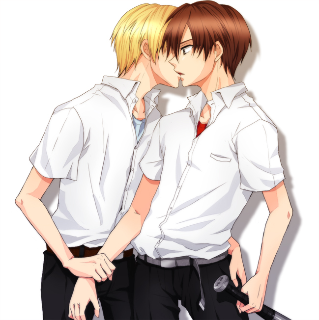 arm_grab bad_id baseball_bat blonde_hair brown_hair higurashi_no_naku_koro_ni houjou_satoshi incipient_kiss kiss maebara_keiichi male multiple_boys school_uniform schoolboy short_hair wrist_grab yaoi yuumare