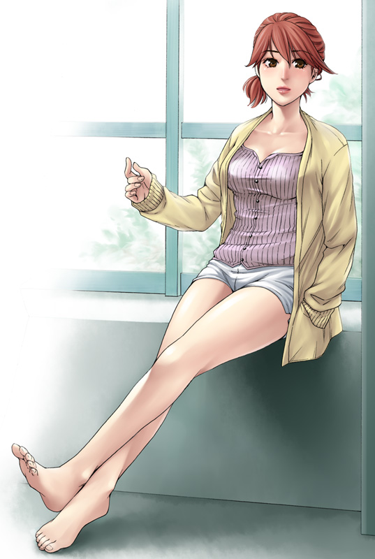 brown_eyes brown_hair face feet hanamura hands legs lips original ponytail red_hair short_hair short_shorts shorts sitting solo toes window